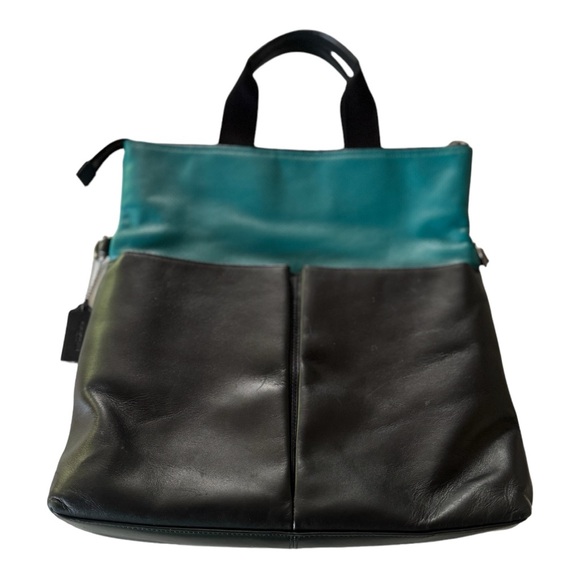 Coach Charles Perforated Leather Seagreen/Black Foldover Tote. - Picture 3 of 12